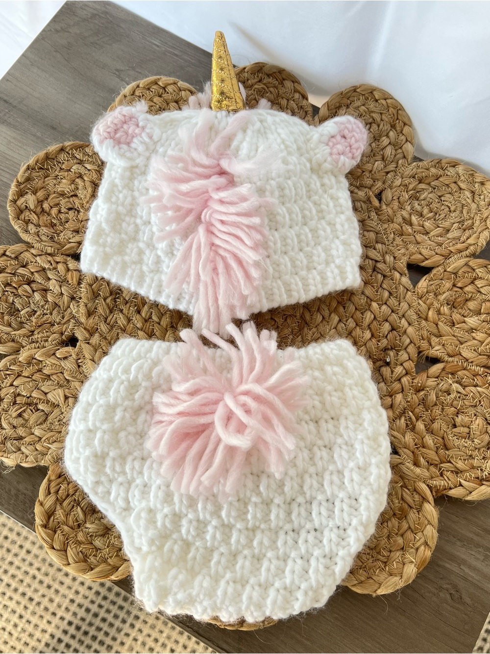 Cloud Island White & Pink Crochet Unicorn Hat and Diaper Cover Set, Never Used